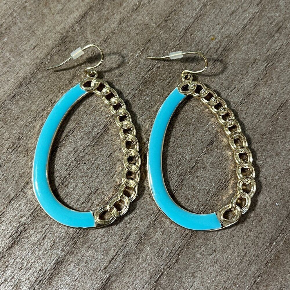 Gold Tone Hook Earrings Flat Chain Turquoise Enamel Dangle Drop